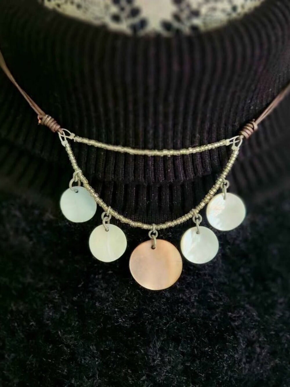 Hand Crafted White Opaline Shell Discs Suspended From a Delicate Beaded Strand